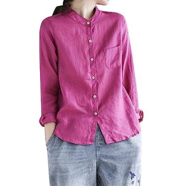 Imagem de Camisa feminina de linho com botões, manga comprida, casual, para o verão, gola redonda, algodão, com bolso, Rosa choque, M