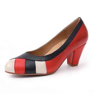 Imagem de Mona flying Sapato feminino retrô estilo scarpin 7 cm salto grosso couro elegante para mulheres, Bege, vermelho, preto, 36