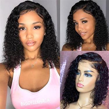 Imagem de UCUVIC Peruca Bob de Cabelo Humano Encaracolado Jerry Curl HD Lace Front 180% Densidade 14 polegadas Preto Feminino 35 cm