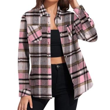 Imagem de Camisetas xadrez de flanela para mulheres, xadrez, manga comprida, casual, abotoada, blusa com bolsos, rosa, XXG