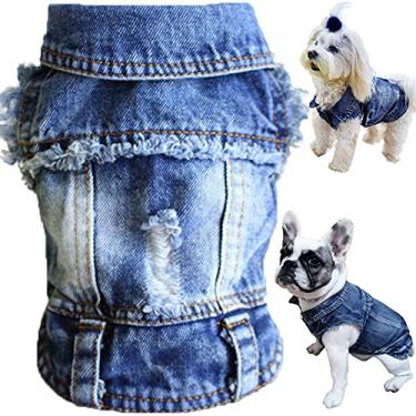 Imagem de Brocarp jaqueta jeans para cães, colete jeans azul lapela colete fantasia roupas para meninos e cachorrinhos, roupas confortáveis e legais, para cães pequenos e médios, roupas para cães laváveis na máquina (G, azul)