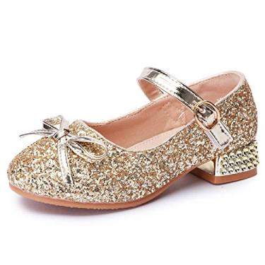 Imagem de Atalske Sapatos femininos Mary Jane Glitter salto baixo princesa flor festa casamento vestido sapato sem salto para crianças pequenas, Dourado, 15