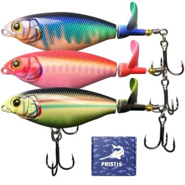 Imagem de Pristis 3 iscas de pesca topwater com cauda de hélice de lâmina única, iscas de natação de água superior adequadas para água salgada de água doce, iscas flutuantes para robalo Pike Perch Walleye