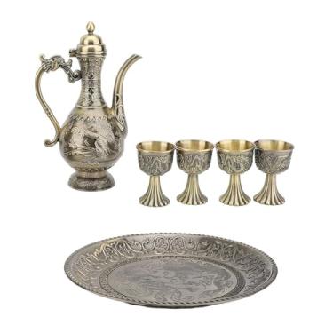 Imagem de Conjunto de chá Turco, Conjunto de chá Turco Prático de Metal Vintage Com 4 Xícaras de chá, Design Elegante, Artesanato Resistente, Decoração Autônoma para Casa (Bronze)