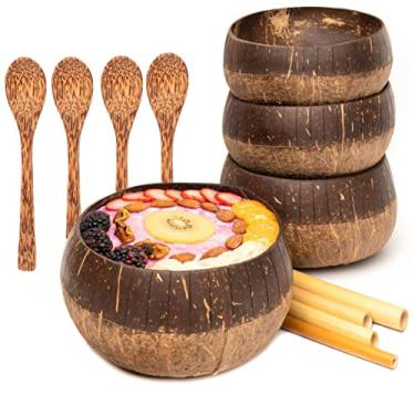 Imagem de Rainforest Bowls Conjunto de 4 tigelas de coco jumbo de dois tons, 4 colheres de madeira e 4 canudos de bambu reutilizáveis - 100% natural, esculpido à mão por artesãos, ecologicamente corretos e