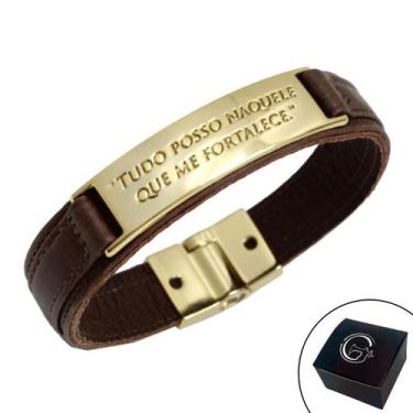 Imagem de Pulseira de Couro Magnética Masculina Feminina Marrom Tudo Posso Naque