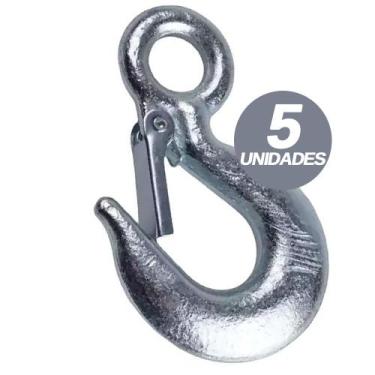Imagem de Kit 5 Gancho Forjado Olhal com Trava de Segurança Galvanizado 1500kg -