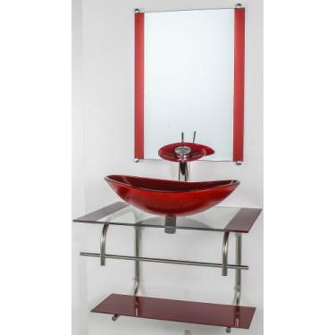 Imagem de Gabinete de vidro para banheiro inox 60cm cuba oval vermelho cereja - 