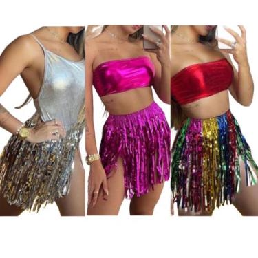 Imagem de Saia Carnaval Fita Tirinha Neon Festa Fantasia Moda Metálica Feminina 