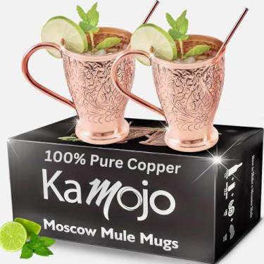 Imagem de Kamojo Conjunto de 2 copos de cobre com design exclusivo em relevo feito à mão com revestimento antimanchas de grau alimentício - Conjunto de canecas de cobre Moscow Mule para presente com 2 canudos e