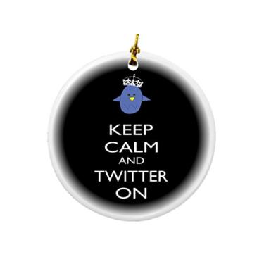 Imagem de Rikki Knight Keep Calm and Twitter on Black Color Design Round Porcelain Two sided Christmas Ornaments