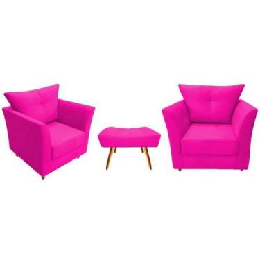 Imagem de Kit 2 Poltronas Decorativa Isis + Puff Retangular Couro Rosa Pink Pés 
