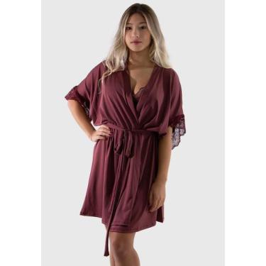 Imagem de Robe Romantic Renda Feminino Luxo Manga Curta Sexy - DILUXO, Vinho, P