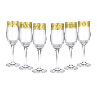 Imagem de World Gifts Conjunto de 6 peças de taças de champanhe com borda dourada com padrão de chave grega contemporânea