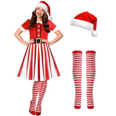 Imagem de Hillban Conjunto de 3 peças de fantasia de elfo de Natal feminino, manga curta, vestido de Natal até a coxa, chapéu de Papai Noel, Estilo de tira, X-Large