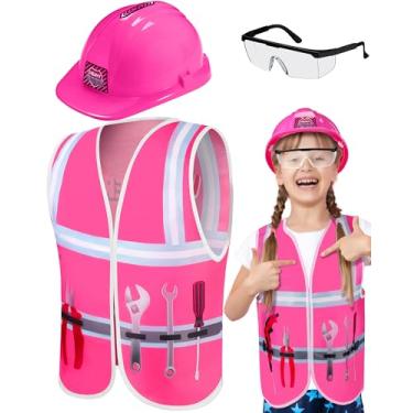 Imagem de Handepo Construction Worker Costume Kids Hard Hat Construction Vest Goggles Toddler Dress Up Set Birthday Party Girls Boys(Pink, Black)