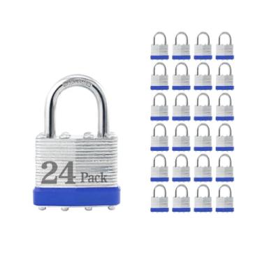 Imagem de ZonRo Cadeados com chave de aço laminado, fechaduras semelhantes com chave, 4 cm de largura, cadeados de manilha normal, pacote com 24, argola azul, para trava de ferrolho, galpões, cercas, armário de