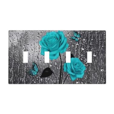 Imagem de Elegante azul-petróleo cinza rosas flores floral 4 gangues quadriciclo decoração capa de interruptor de luz, romântica gota de chuva rosa borboleta quatro gangues tampa de tomada de placa de parede