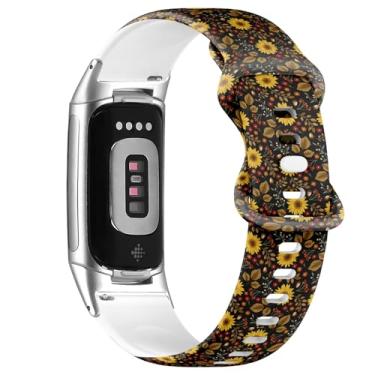 Imagem de Pulseira de silicone macio compatível com Fitbit Charge 5/Fitbit Charge 6 (outono girassóis preto) pulseira esportiva macia para mulheres e homens