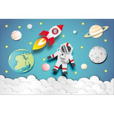 Imagem de Painel de Lona Astronauta no Espaço Foguete Espacial Estrelas e Planet