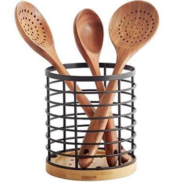 Imagem de WDT Tool Porta-Utensílios para Balcão de Cozinha - 5,2" X 5,2" X 6" Grande Redondo com Base de Madeira Preto Fosco Porta-Utensílios de Cozinha Organizador de Utensílios (Metal + Bambu)