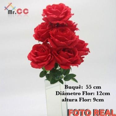 Imagem de Buquê Rosas Aberta Artificial C/7 Flores Galho Arranjo 55cm - oem