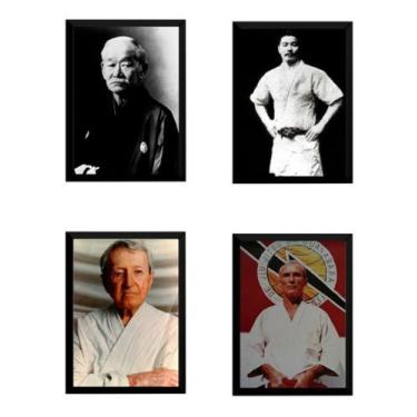 Imagem de 4 Quadros Jiujitsu Mestre Jigoro Mitsuyo Carlos Helio Gracie - Preta -