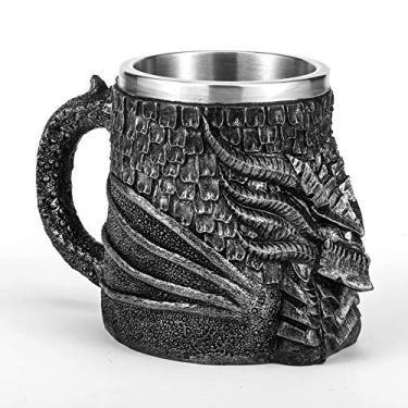 Imagem de Caneca de cerveja de dragão medieval, caneca de aço inoxidável para colecionador de dragões, decoração de festa temática, caneca de bebida Viking Tankard para café/bebida/suco, 500 ml.