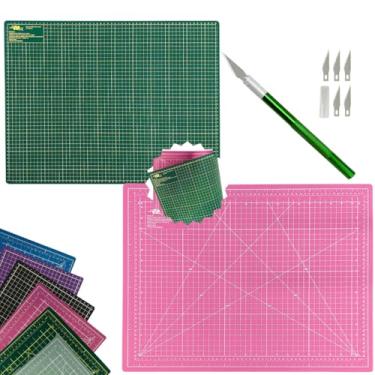 Imagem de Base Placa de Corte A2 60x45cm Patchwork Artesanato Costura Dupla Face Multiuso Auto Regenerativa Estilete Bisturi (Verde e Rosa)
