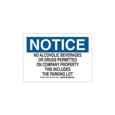 Imagem de Brady Placa de segurança 123598, legenda "Sem bebidas alcoólicas ou drogas permitidas na propriedade da empresa", 25,4 cm de altura, 35,5 cm de largura, preto e azul em branco