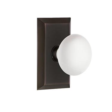 Imagem de Nostalgic Warehouse Placa de estúdio com puxador de porcelana branca, passagem - 6 cm, bronze atemporal