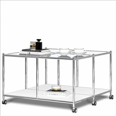 Imagem de Simplink Mesa de centro fosca com armazenamento aberto, mesa de centro quadrada de vidro temperado, design moderno para sala de estar, sala de reuniões (branca)