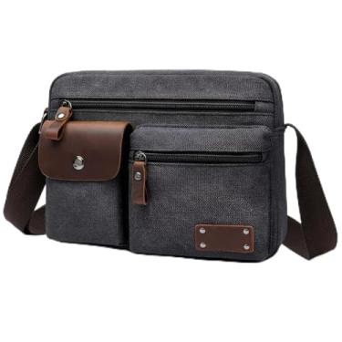 Imagem de Bolsa mensageiro masculina de lona transversal com vários bolsos, Preto, 20cm*28cm*12cm.