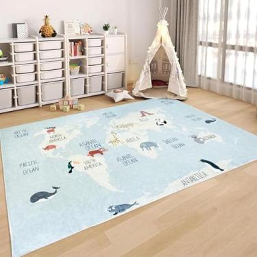 Imagem de USTIDE Tapete de área infantil, mapa do mundo, azul, tapete de animal fofo, tapete educativo para meninos e meninas, lavável à máquina, tapetes para sala de estar, quarto, sala de jogos, 14 x 18 m,