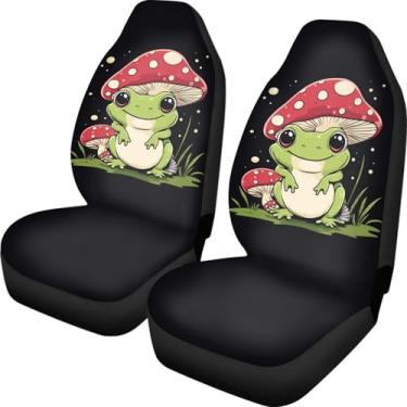 Imagem de Suhoaziia Capa de assento de carro com estampa de cogumelo sapo para bancos dianteiros, capas de assento automotivas fofas para mulheres e homens, 2 pacotes