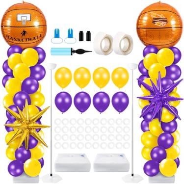 Imagem de Kasyat 2 Sets Basketball Balloon Column Stand Kit with 4d Basketball Balloons Gold Purple Star Foil Balloons 100 Latex Balloons, Purple and Yellow Balloon Arch Kit for Floor for Basketball Decorations