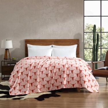 Imagem de Wrangler - Cobertor, roupa de cama de lã de pelúcia ultramacia, inspirado em Yellowstone, decoração de casa aconchegante para cama ou sofá (cabeça de boi, pêssego, solteiro)