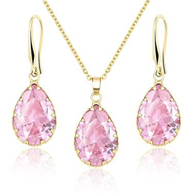Imagem de Jertom Conjunto de joias de cristal austríaco banhado a ouro 14 k com pingente de gota e brincos em forma de pera para mulheres e meninas, pink crystal set gold, Latão Cobre Pedra preciosa, Strass Zircônia cúbica Diamante criado