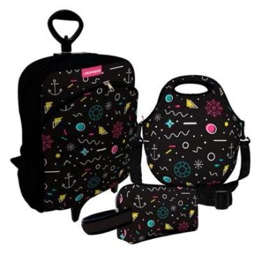 Imagem de Kit Escolar Mochila de Rodinha + Lancheira + Necessaire Plus – ISOPRENE – Abstrato Black-Unissex