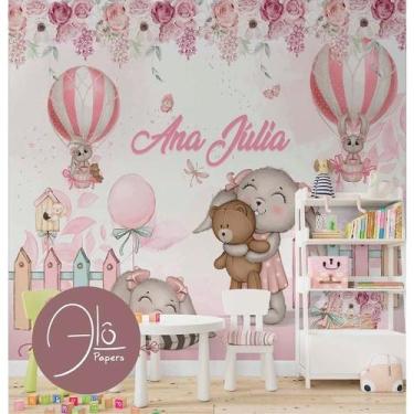 Imagem de Papel de Parede Infantil Personalizado  Balões, Coelhinhos e Flores  D
