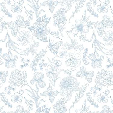 Imagem de Ismoon Papel de parede de papel de parede floral azul branco borboleta boho removível papel de parede autoadesivo 43 cm x 192 cm, papel de contato botânico para quarto, armários de banheiro, decoração