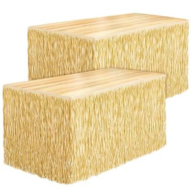 Imagem de Fovths 2 pacotes de saia de mesa de grama luau com franjas de grama de palha 263 x 76 cm saias de mesa havaianas de hibisco retangulares decorações de festa luau tropical para decorações havaianas