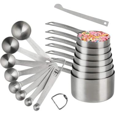 Imagem de Conjunto de colheres e copos medidores de aço inoxidável 18/8 (304) de 18 peças: 7 copos medidores e 8 colheres medidoras e 1 nivelador e 2 anéis de suporte