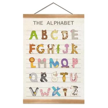 Imagem de Moldura de parede de pôster do alfabeto, pôster de arte de parede do alfabeto animal, decoração de parede suspensa ABC infantil, faixa de alfabeto para quarto de criança, sala de jogos, berçário, sala