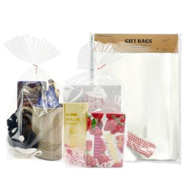 Imagem de EKAPACKAGING Transparente, 25 x 35 cm, 50 peças de laços torcidos com reforço de fundo plano, sacos de celofane, doces, lembrancinhas, lembrancinhas, biscoitos, sacos de presente para festa de