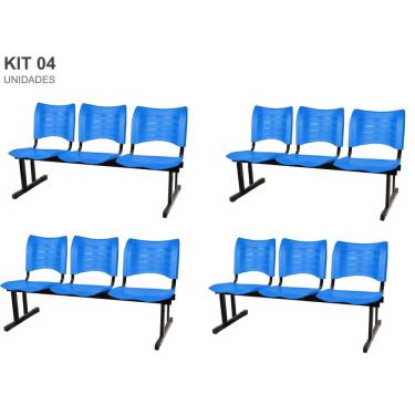 Imagem de Kit com 4 Cadeiras Longarina plástica 03 Lugares Cor Azul Mastcmol