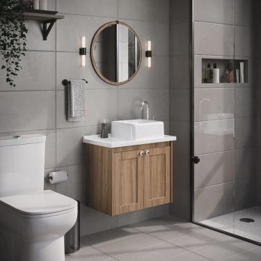 Imagem de Conjunto de Banheiro Suspenso Paris, Espelheira, Tampo e Cuba em Mármore Sintético