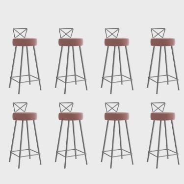 Imagem de Kit 08 Banqueta Alta Com Encosto Tânia Eiffel Cozinha Bar Bistrô Ferro Cinza Suede Rosa Gold - Ahz Móveis