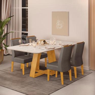 Imagem de Conjunto Sala de Jantar 4 Cadeiras Tampo Sem Vidro 170x90 dj Móveis Kiara Cedro Quartzo Lidia Veludo Lunar