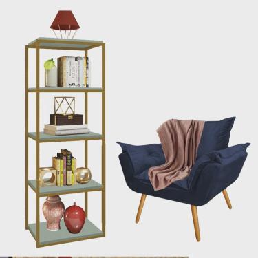 Imagem de Kit Poltrona Fatte com Manta Soft Salmão e Estante Livreiro Ferro Dourado mdf Verde Oliva Suede Azul Marinho - Ahz Móveis